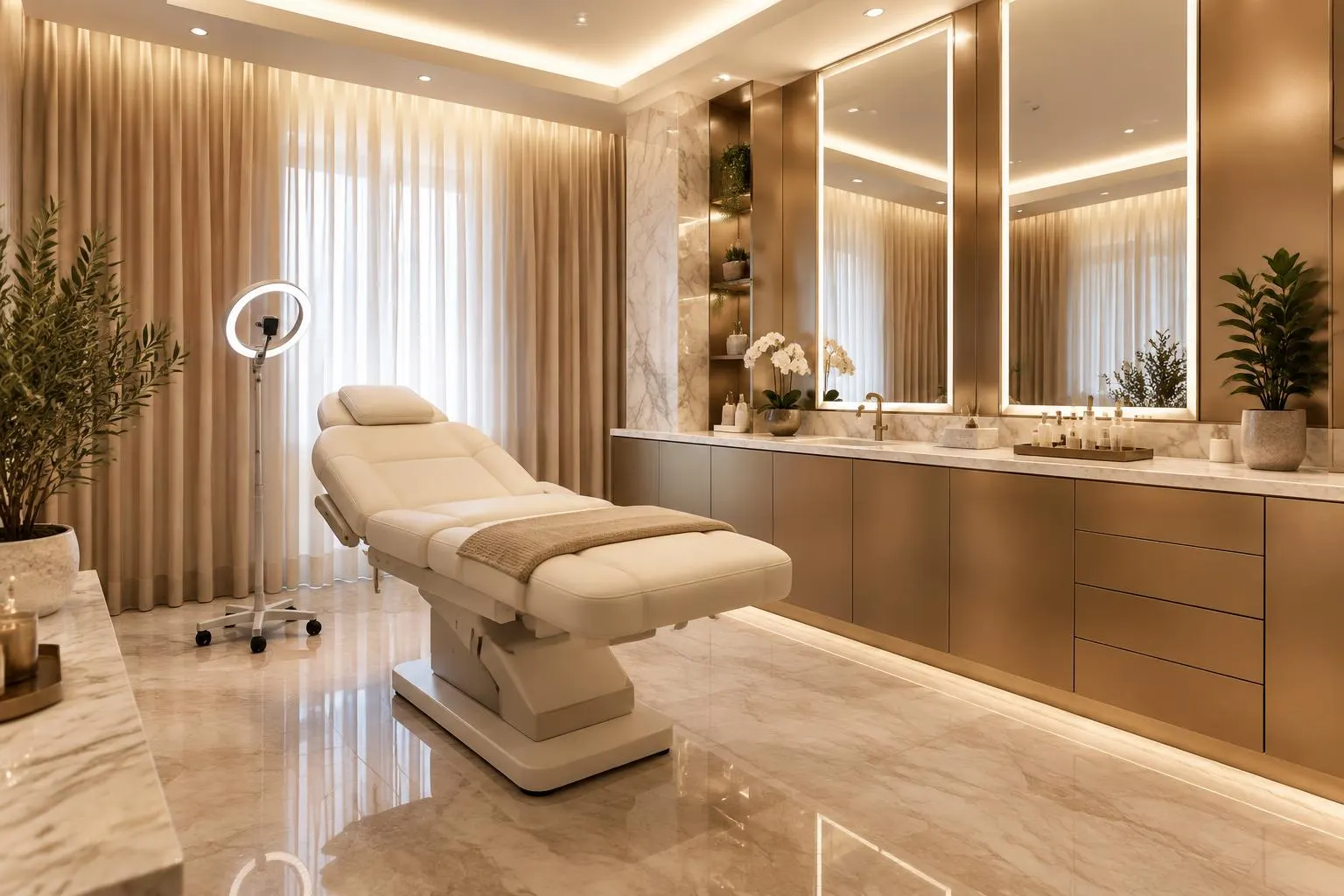 Luxury academy clinic with an ivory treatment bed and ring light